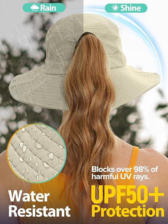 Sun Bucket Beach Hats for Women with Ponytail Hole,Sun Protection UV UPF50+ Waterproof Fishing Safari Hiking Hat