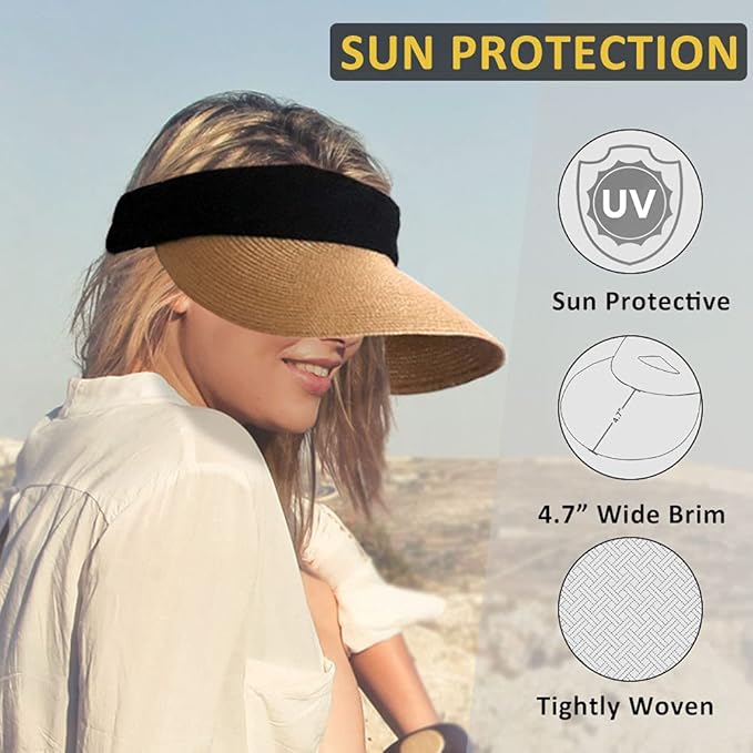 Women Straw Sun Visor Hat Wide Brim Summer UV Protection Beach Cap Foldable Packale Korean Style