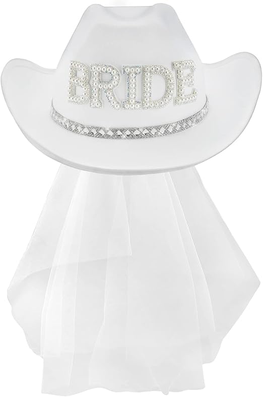 White Rhinestone Cowboy Hat for Women - Bridal Bachelorette Party, Bride-to-Be Gift & Halloween Costume Accessory