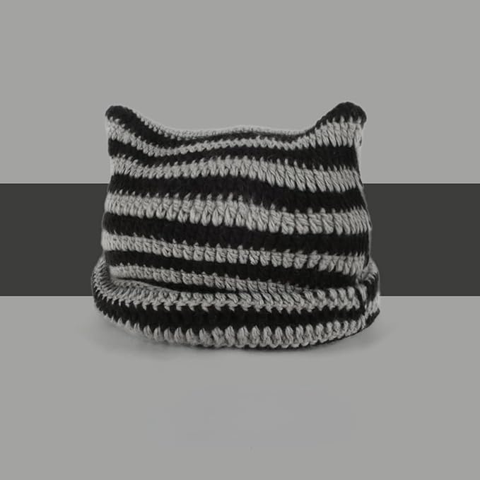 Women's Crochet Cat & Fox Beanies - Vintage Slouchy Grunge Hat, Soft Chunky Knit Beanie for Women, Cute Animal Ear Winter Hat