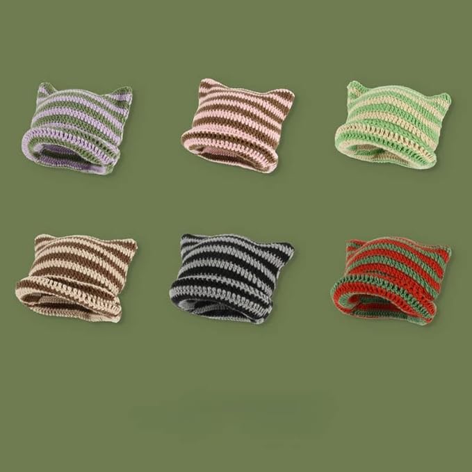 Women's Crochet Cat & Fox Beanies - Vintage Slouchy Grunge Hat, Soft Chunky Knit Beanie for Women, Cute Animal Ear Winter Hat