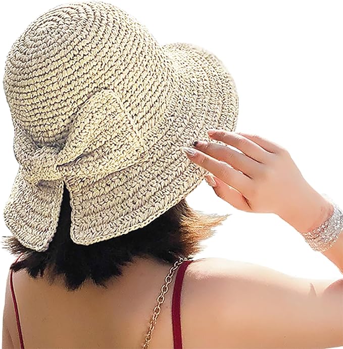 Foldable Wide Brim Floppy Straw Beach Sun Hat,Summer Cap with Bowknot for Women Girls,Strap Adjustable ﻿