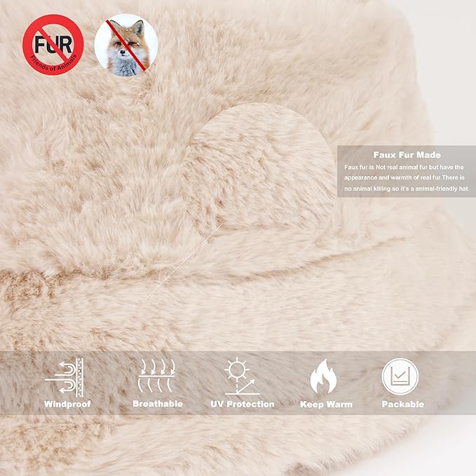 Winter Bucket Hat Fluffy Faux Fur Fisherman Cap for Women Men Solid Color Style