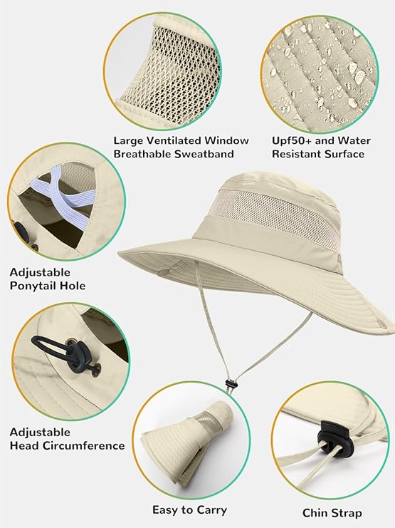 Sun Bucket Beach Hats for Women with Ponytail Hole,Sun Protection UV UPF50+ Waterproof Fishing Safari Hiking Hat