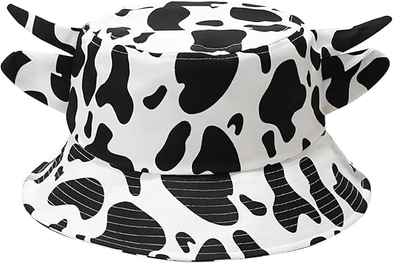 Cow Print Bucket Hat with Horn Ears - Cute Animal Sun Hat for Women, Summer Beach Fisherman Hat, Y2K Cartoon Cowgirl Cap