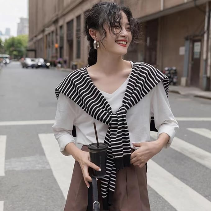 Women's Striped Knit Cardigan Wrap - Versatile Knotted Scarf Cape Fashion Shawl