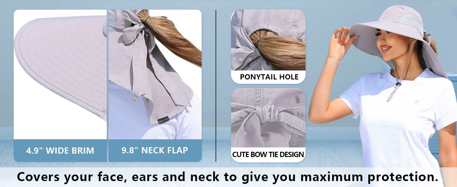 Womens Sun Hat Outdoor UV Protection Wide Brim Fishing Hat with Ponytail Hole Neck Flap for Beach Hiking Camping