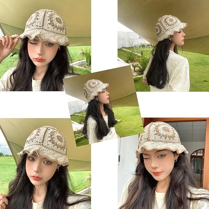 Crochet Bucket Hat for Women Knit Handmade Foldable Floppy Beach Hat Fashion Cute Comfy and Casual