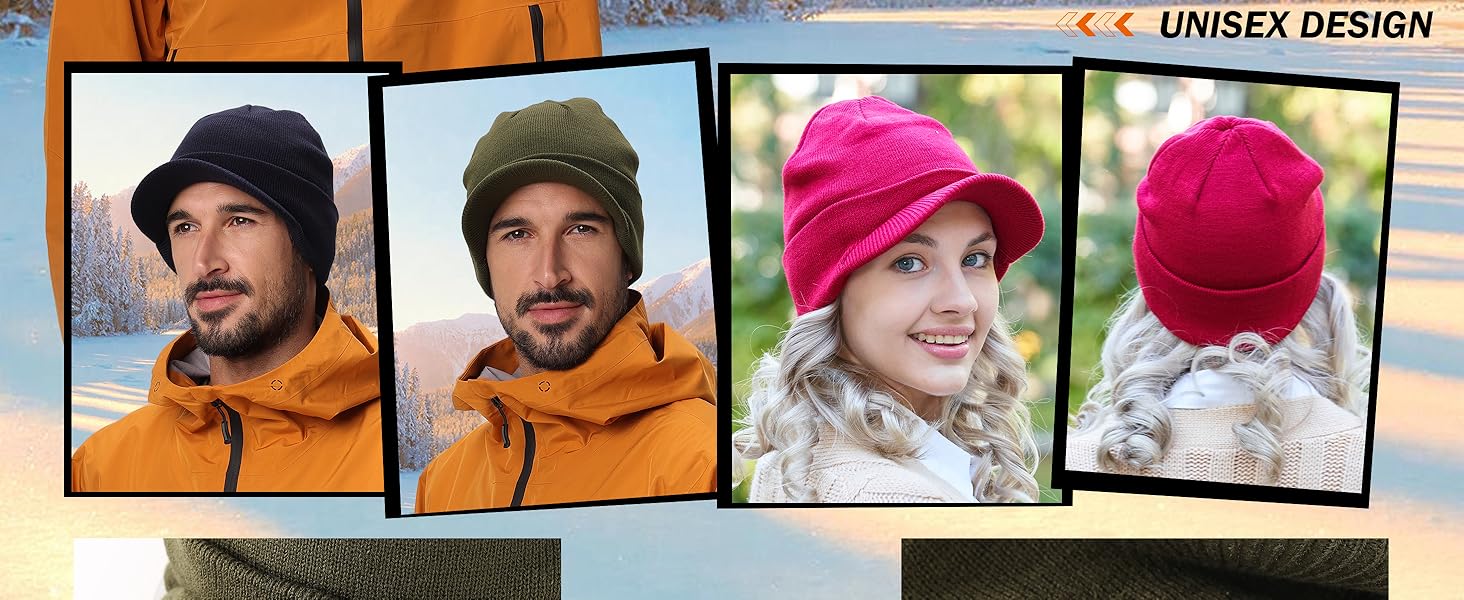 Men's Winter Beanie Hat with Brim Warm Double Knit Cuff Beanie Cap