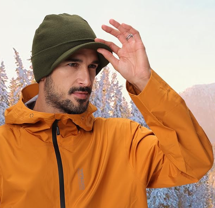 Men's Winter Beanie Hat with Brim Warm Double Knit Cuff Beanie Cap