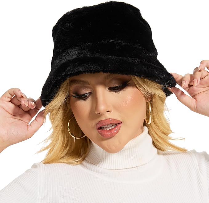 Winter Bucket Hat Fluffy Faux Fur Fisherman Cap for Women Men Solid Color Style