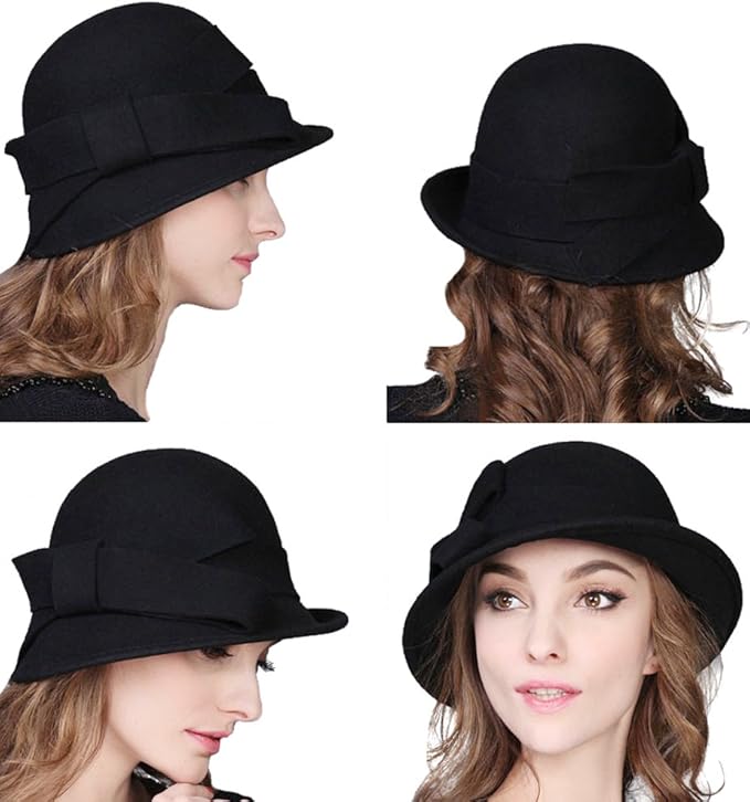 Women Solid Color Winter Hat 100% Wool Cloche Bucket with Bow Accent