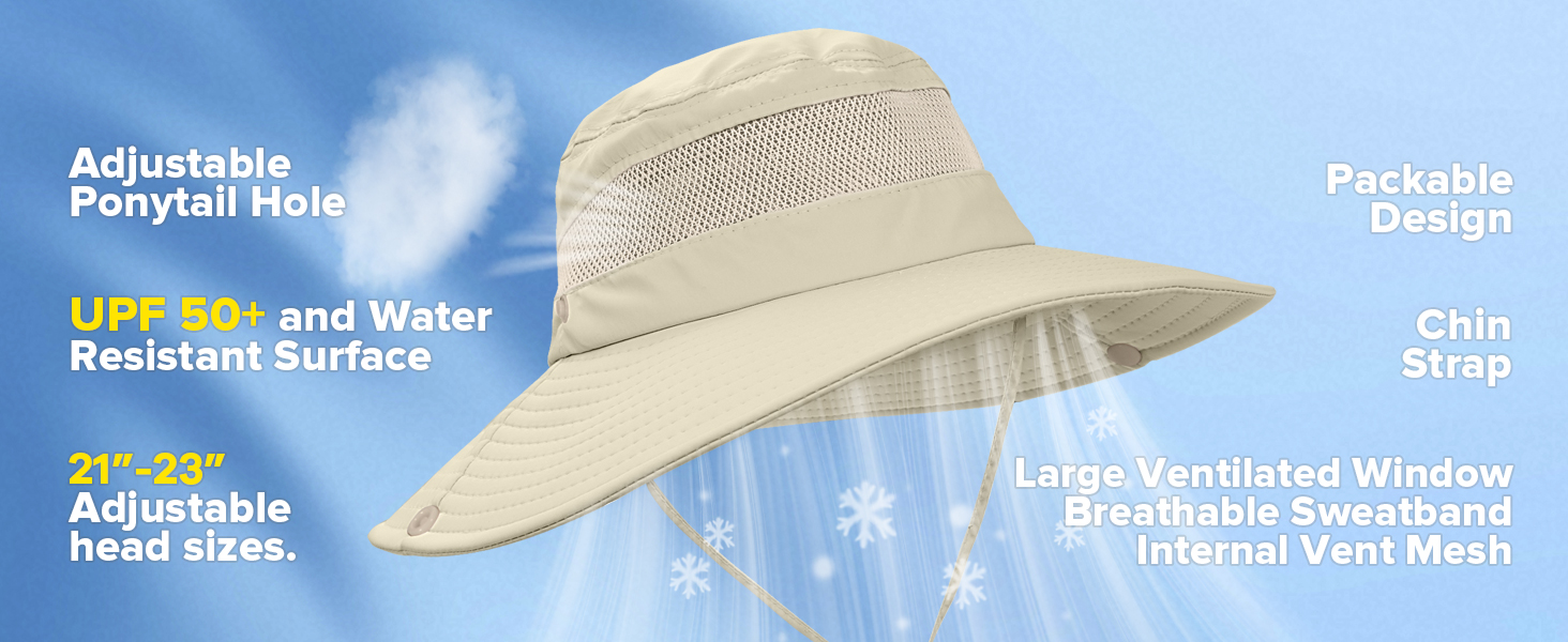 Sun Bucket Beach Hats for Women with Ponytail Hole,Sun Protection UV UPF50+ Waterproof Fishing Safari Hiking Hat
