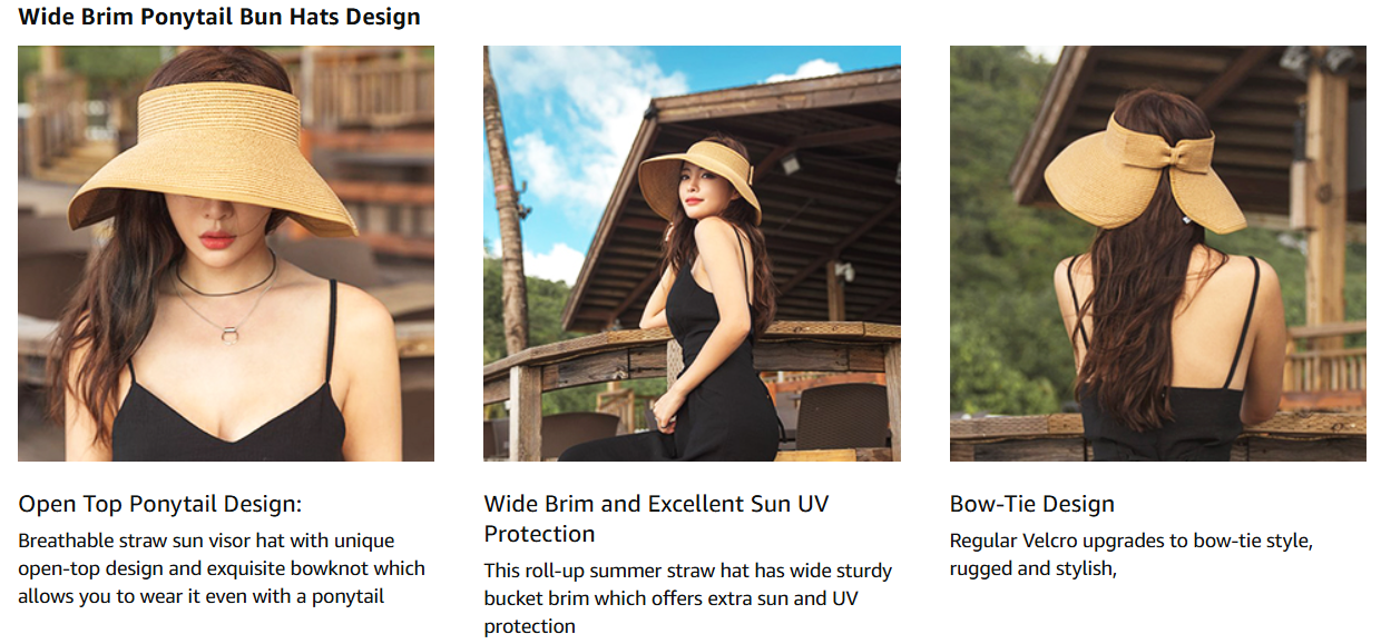 Women's Sun Visor Hats Wide Brim Straw Beach Hat Ponytail Hats for Women Foldable Floppy