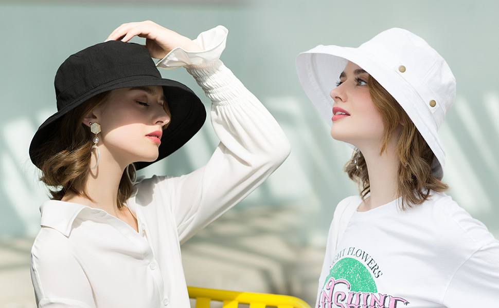Womens Cotton Wide Brim Sun Hats UPF50+ UV Packable Beach Hat Summer Bucket Cap for Travel