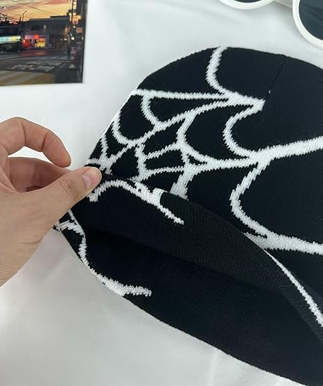 Y2K Gothic Spider Web Knit Beanie - Wool Acrylic Blend Unisex Winter Skull Cap, Punk Streetwear Hat for Men & Women
