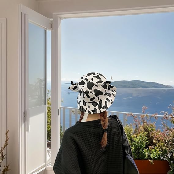 Cow Print Bucket Hat with Horn Ears - Cute Animal Sun Hat for Women, Summer Beach Fisherman Hat, Y2K Cartoon Cowgirl Cap