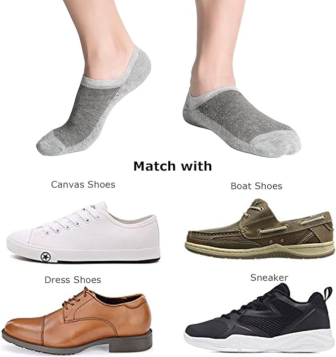 Men's No Show Socks 6-Pack - Breathable Cotton Low Cut Invisible Liner Socks with Non-Slip Grips for Sneakers, Loafers & Dress Shoes