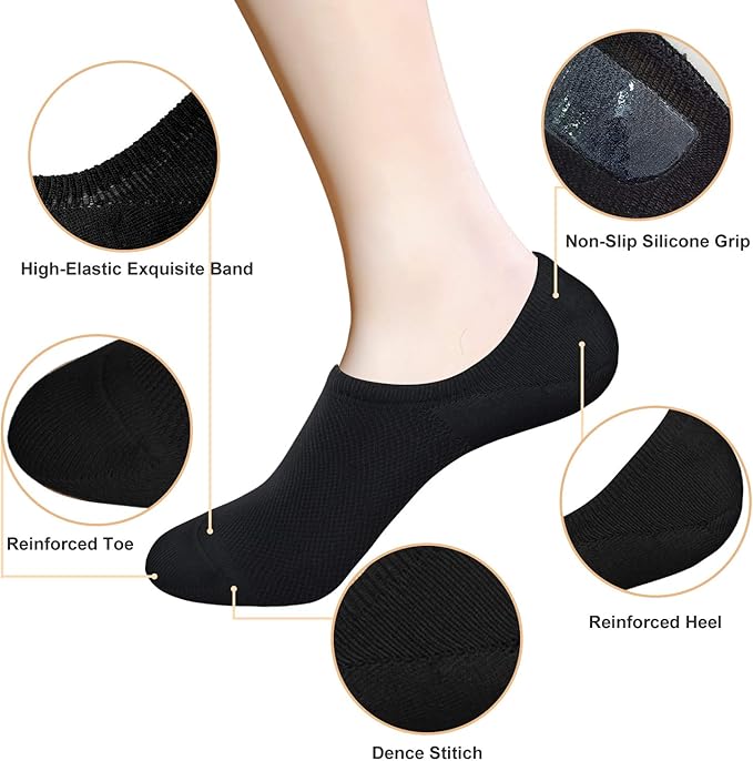 Men's No Show Socks 8-Pack - Breathable Cotton Low Cut Invisible Liner Socks with Non-Slip Grips for Sneakers, Loafers & Dress Shoes