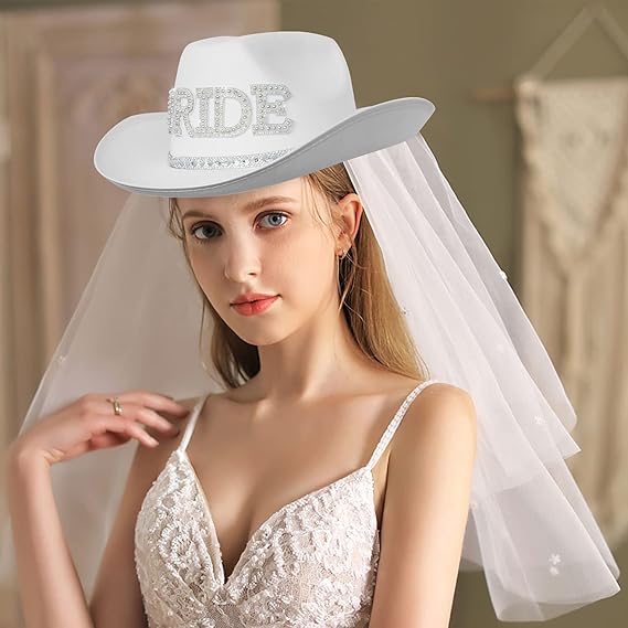 White Rhinestone Cowboy Hat for Women - Bridal Bachelorette Party, Bride-to-Be Gift & Halloween Costume Accessory