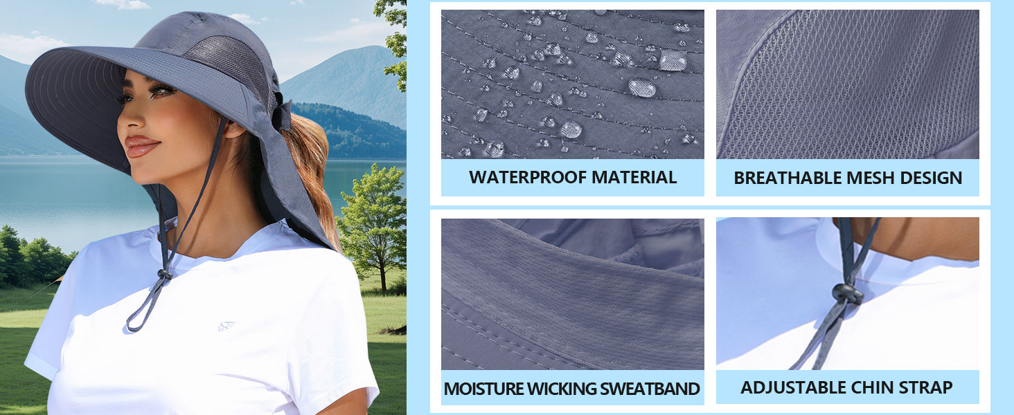 Womens Sun Hat Outdoor UV Protection Wide Brim Fishing Hat with Ponytail Hole Neck Flap for Beach Hiking Camping