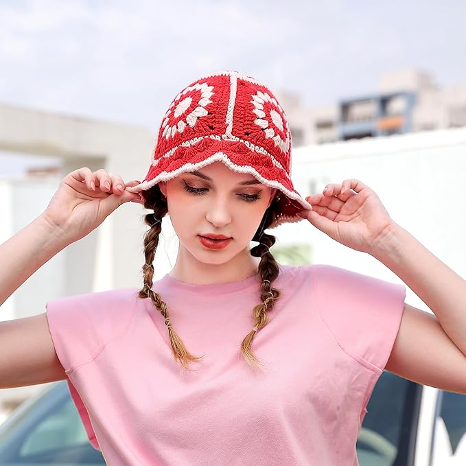 Crochet Bucket Hat for Women Knit Handmade Foldable Floppy Beach Hat Fashion Cute Comfy and Casual