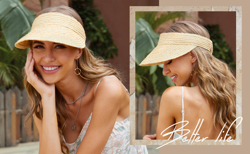 Women's Natural Straw Sun Hat, Visor for Women, Beach Hats for Women, 50 SPF Sun Protection, One Size Fits Most