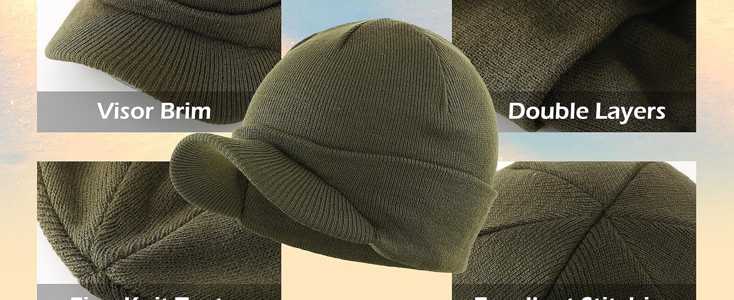 Men's Winter Beanie Hat with Brim Warm Double Knit Cuff Beanie Cap