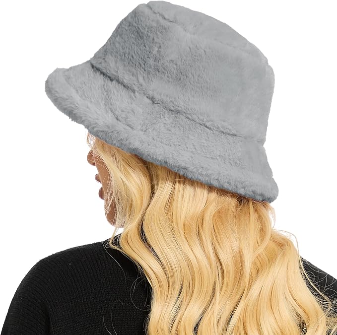 Winter Bucket Hat Fluffy Faux Fur Fisherman Cap for Women Men Solid Color Style