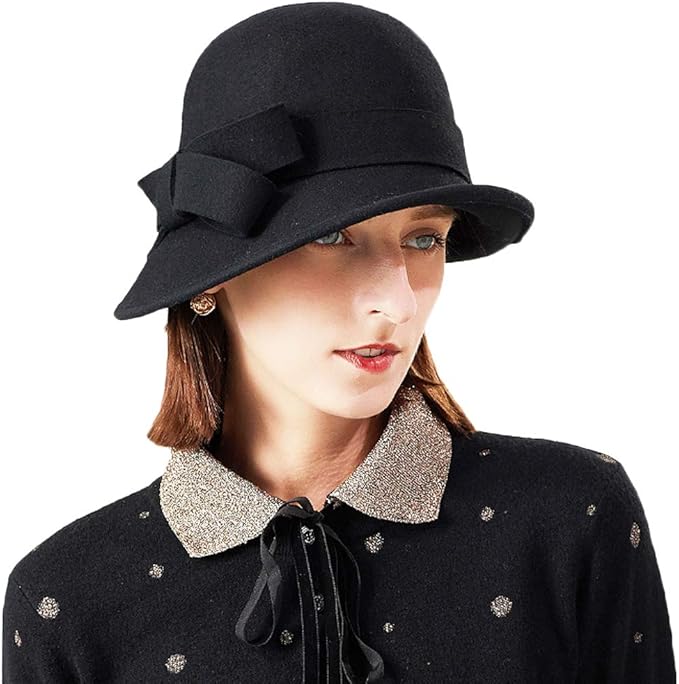 Women Solid Color Winter Hat 100% Wool Cloche Bucket with Bow Accent