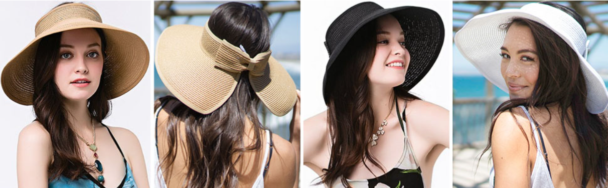 Women's Sun Visor Hats Wide Brim Straw Beach Hat Ponytail Hats for Women Foldable Floppy