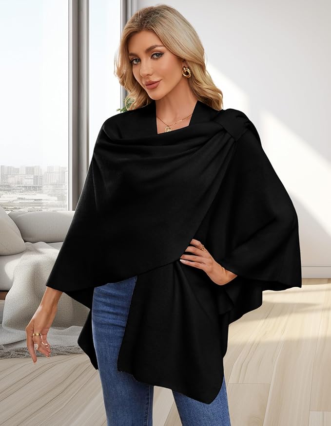 Elegant Knitted Poncho Wrap for Women – Cross Front Cape Sweater Topper, Cozy Winter Shawl for Fall & Winter, Oversized Soft Cardigan Alternative