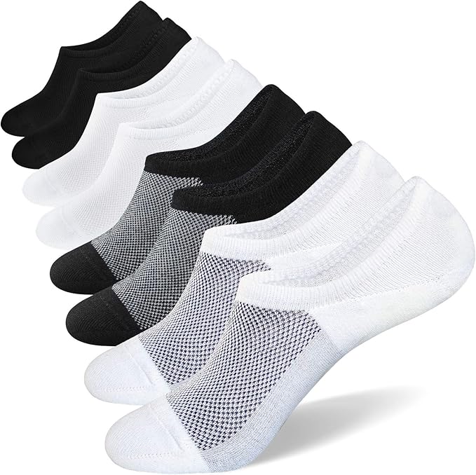 Men's No Show Socks 8-Pack - Breathable Cotton Low Cut Invisible Liner Socks with Non-Slip Grips for Sneakers, Loafers & Dress Shoes