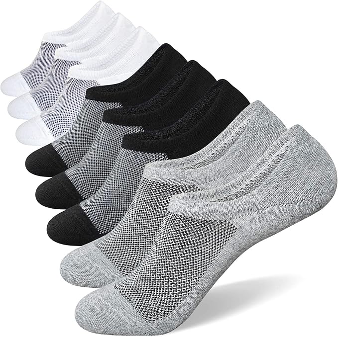 Men's No Show Socks 8-Pack - Breathable Cotton Low Cut Invisible Liner Socks with Non-Slip Grips for Sneakers, Loafers & Dress Shoes