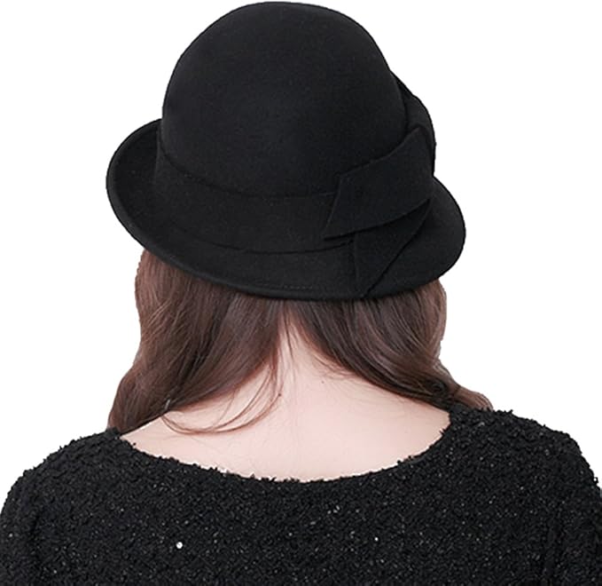 Women Solid Color Winter Hat 100% Wool Cloche Bucket with Bow Accent