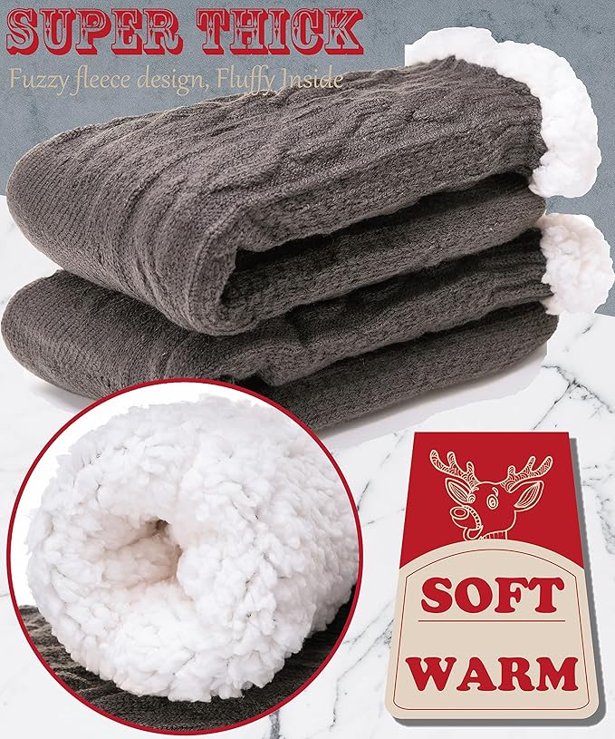 Men's Fuzzy Slipper Socks 2-Pack - Ultra Warm Fleece Lined Winter Socks with Non-Slip Grips, Thick Cozy Cabin Socks for Indoor/Outdoor Wear
