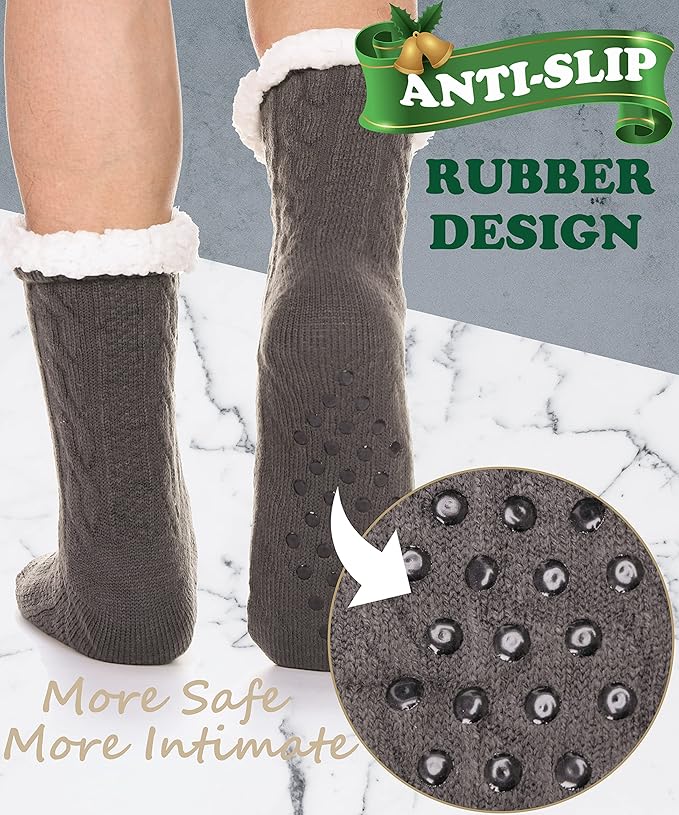 Men's Fuzzy Slipper Socks 2-Pack - Ultra Warm Fleece Lined Winter Socks with Non-Slip Grips, Thick Cozy Cabin Socks for Indoor/Outdoor Wear
