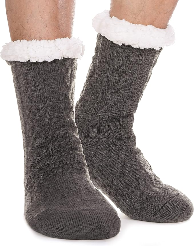 Men's Fuzzy Slipper Socks 2-Pack - Ultra Warm Fleece Lined Winter Socks with Non-Slip Grips, Thick Cozy Cabin Socks for Indoor/Outdoor Wear