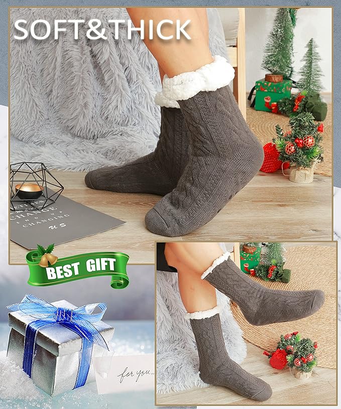 Men's Fuzzy Slipper Socks 2-Pack - Ultra Warm Fleece Lined Winter Socks with Non-Slip Grips, Thick Cozy Cabin Socks for Indoor/Outdoor Wear
