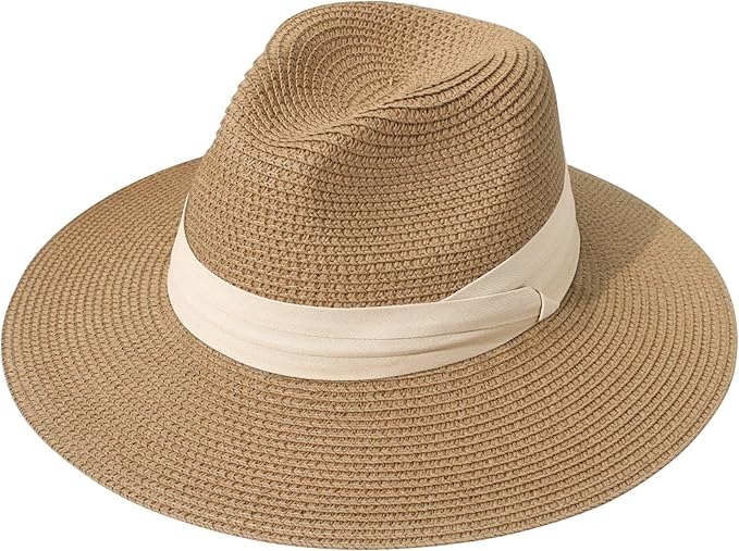 Women Wide Brim Straw Panama Roll up Hat Beach Sun Hat UPF50+
