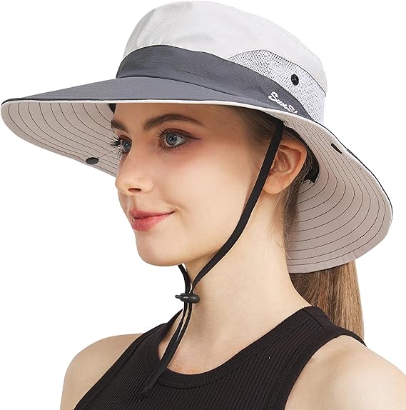Ponytail Sun Bucket Hats for Women Men Wide Brim UPF 50+ Fishing & Beach Hats