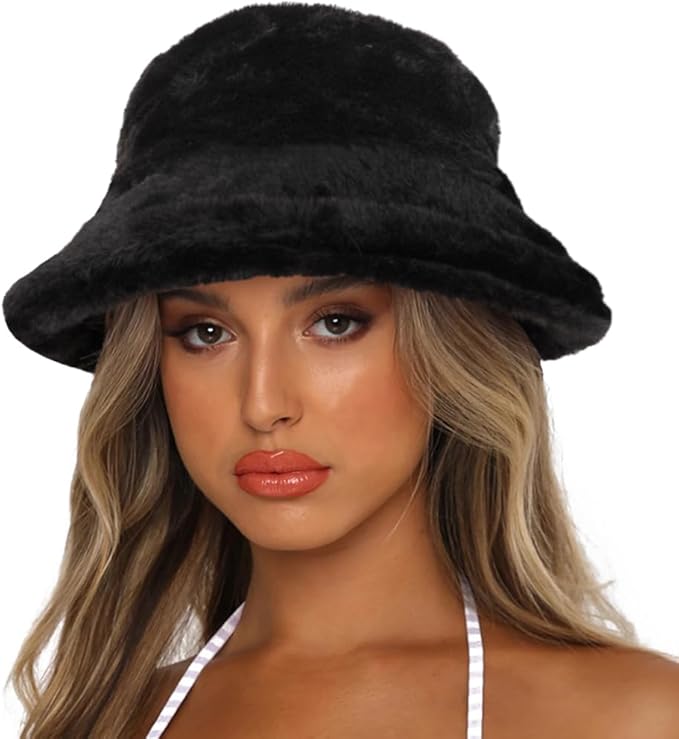 Winter Bucket Hat Fluffy Faux Fur Fisherman Cap for Women Men Solid Color Style