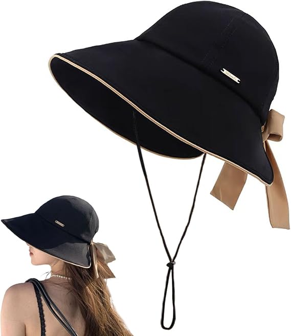 Wide Brim Hats for Woman Foldable Hats Sun Hats for Women uv Protection Bowknot Bucket hat Adjustable hat with Ponytail Hole