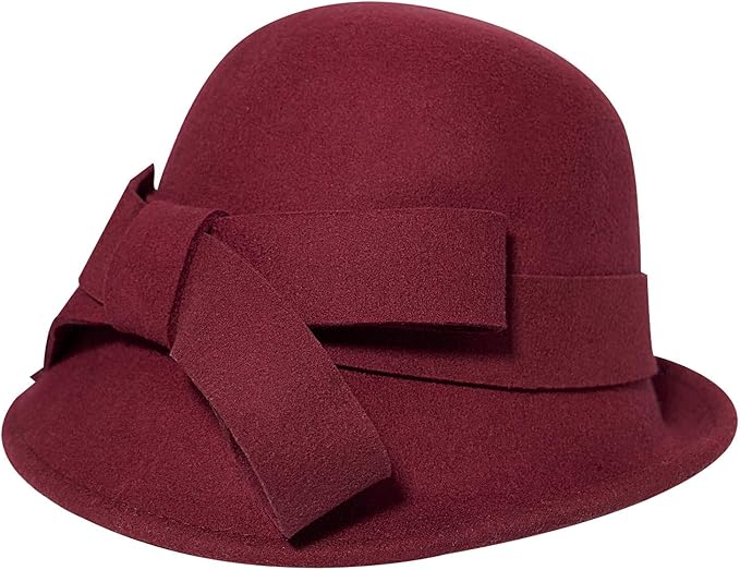 Women Solid Color Winter Hat 100% Wool Cloche Bucket with Bow Accent