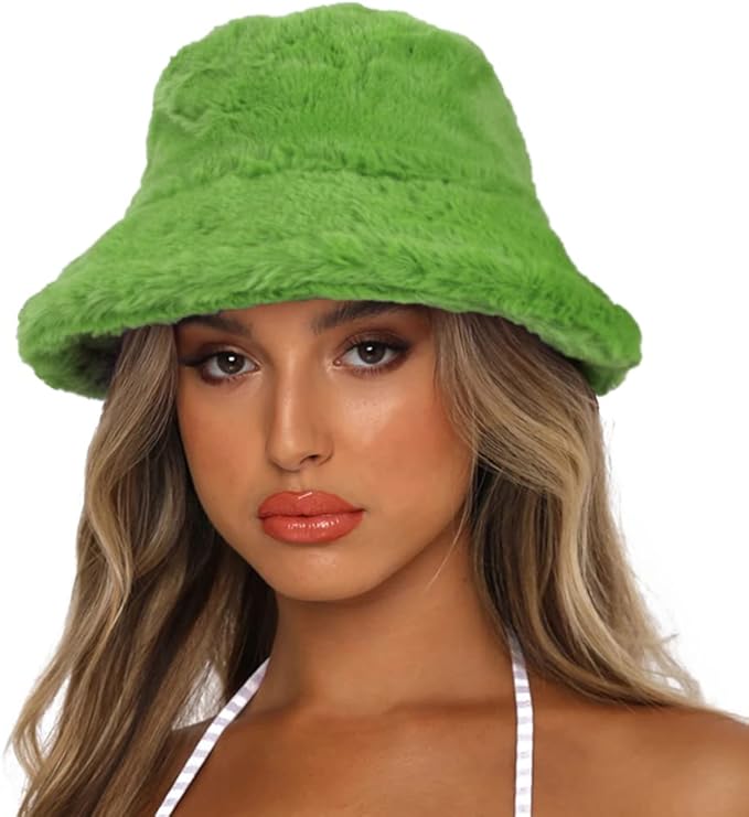 Winter Bucket Hat Fluffy Faux Fur Fisherman Cap for Women Men Solid Color Style