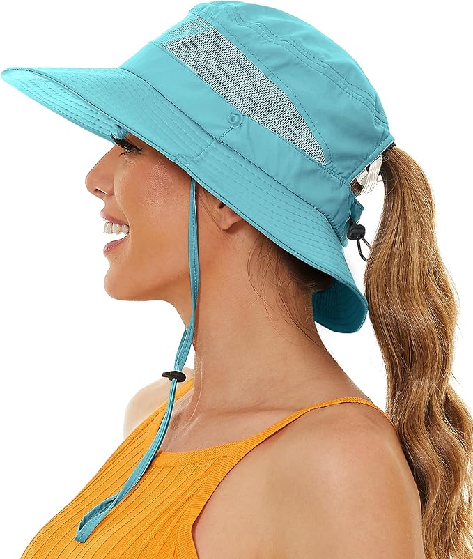 Sun Bucket Beach Hats for Women with Ponytail Hole,Sun Protection UV UPF50+ Waterproof Fishing Safari Hiking Hat