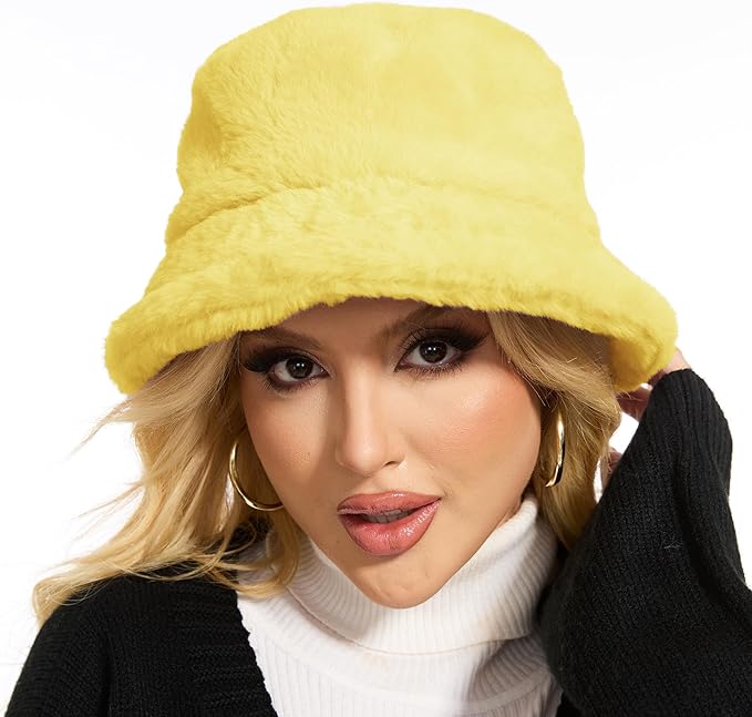 Winter Bucket Hat Fluffy Faux Fur Fisherman Cap for Women Men Solid Color Style