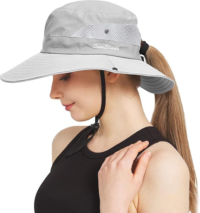 Ponytail Sun Bucket Hats for Women Men Wide Brim UPF 50+ Fishing & Beach Hats