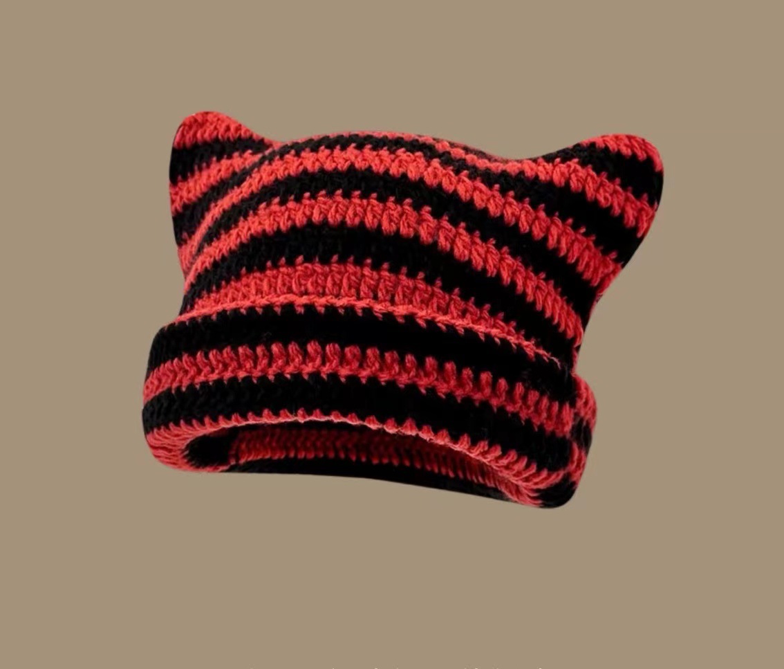 Women's Crochet Cat & Fox Beanies - Vintage Slouchy Grunge Hat, Soft Chunky Knit Beanie for Women, Cute Animal Ear Winter Hat