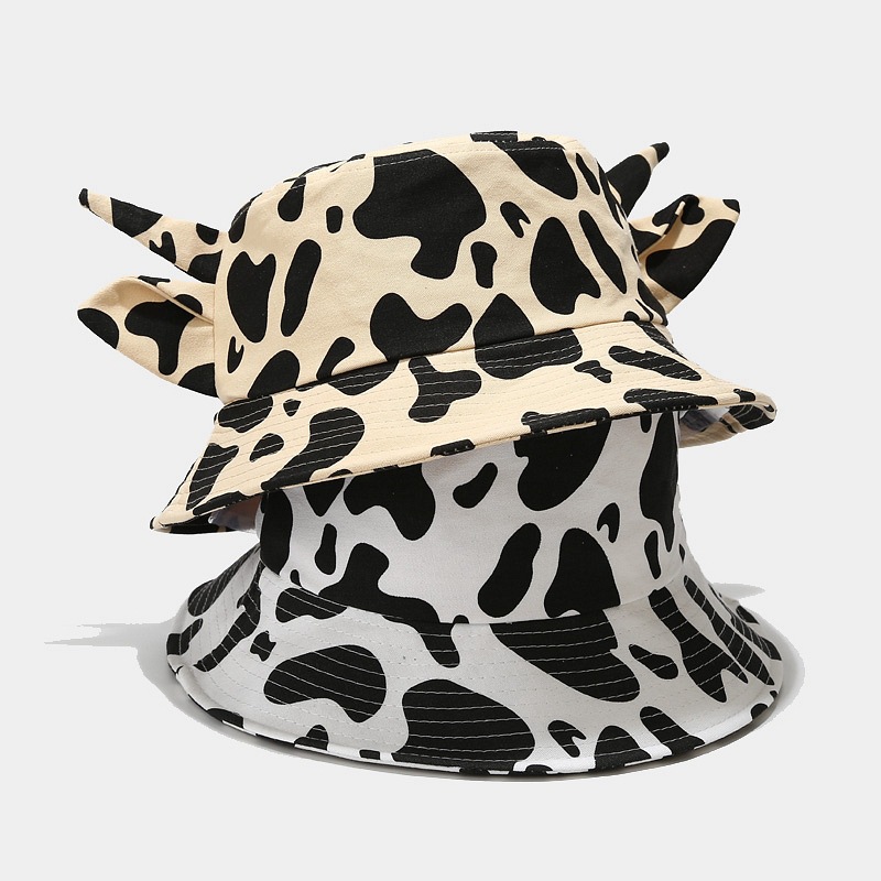 Cow Print Bucket Hat with Horn Ears - Cute Animal Sun Hat for Women, Summer Beach Fisherman Hat, Y2K Cartoon Cowgirl Cap